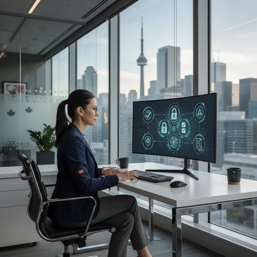 A photorealistic image of a professional adult IT worker in a modern Canadian corporate office, reviewing a computer screen displaying cybersecurity icons and policy guidelines, symbolizing safe and acceptable IT use in a business environment. The scene conveys trust, technology, and professionalism without focusing on any physical documents.