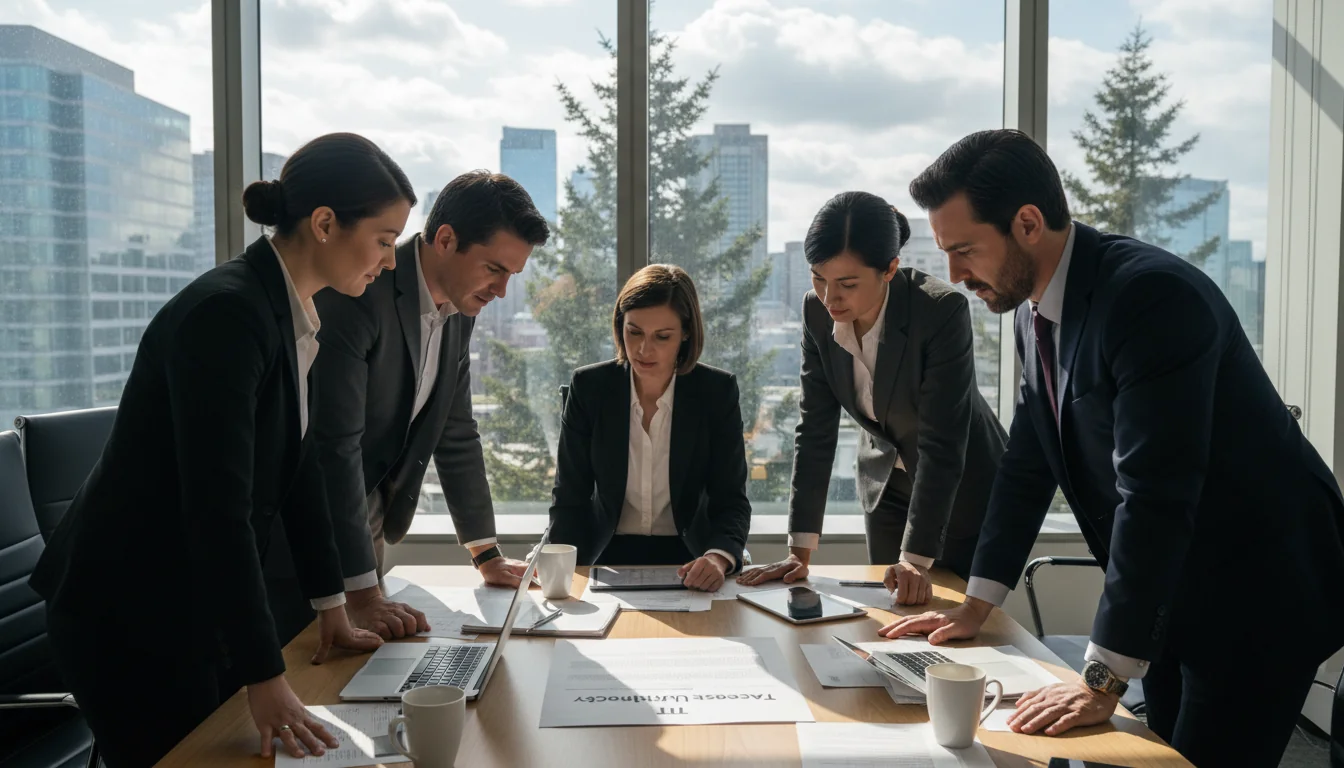 Corporate office workers reviewing IT policy.