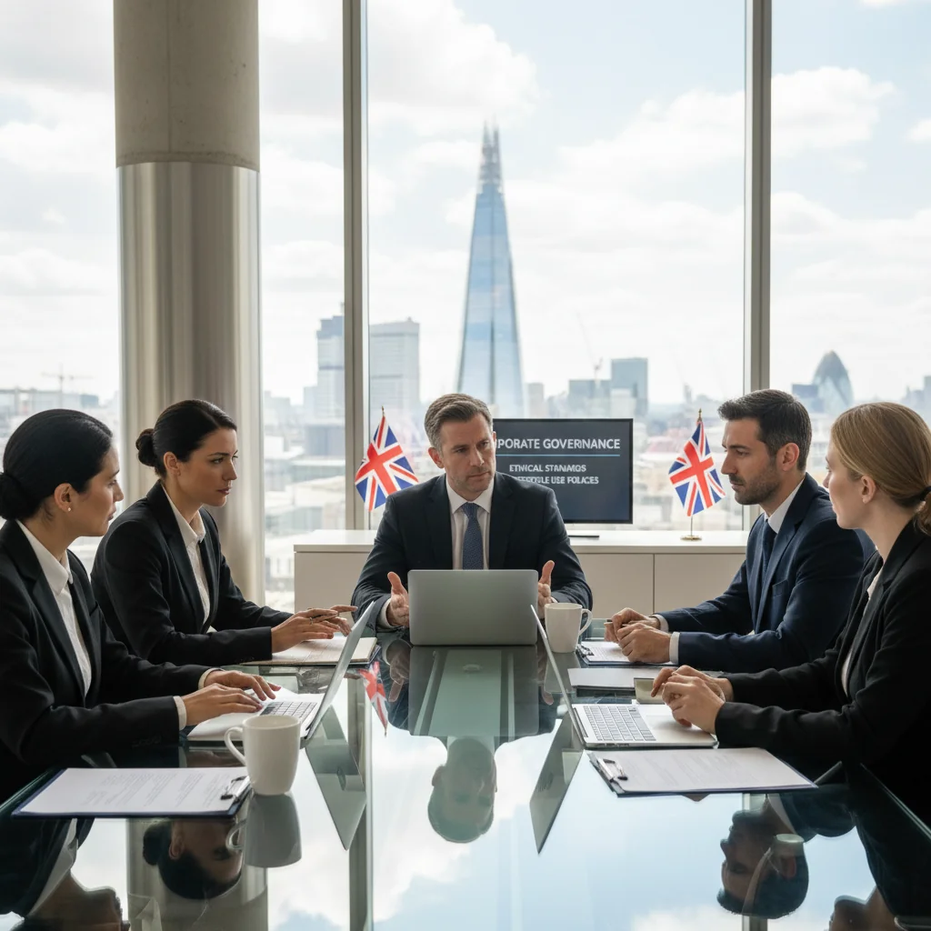 A photorealistic image of a diverse group of professional adults in a modern UK corporate office setting, engaged in a collaborative meeting around a conference table, symbolizing compliance, ethical business practices, and policy adherence in a corporate environment. The scene conveys trust, professionalism, and teamwork without focusing on any documents.