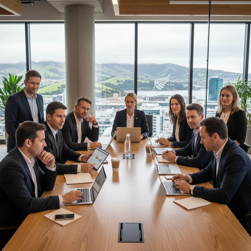 A photorealistic image of a diverse group of adult professionals in a modern New Zealand corporate office, collaboratively reviewing digital security policies on laptops, symbolizing safe and acceptable IT use in a business environment. No children are present. The scene captures a sense of trust, compliance, and teamwork with scenic Kiwi elements like a view of Auckland skyline in the background.
