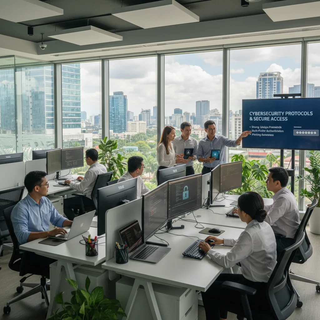 A photorealistic image of a diverse group of professional adults in a modern Philippine corporate office, collaborating on computers while adhering to IT security protocols, symbolizing the importance of acceptable use policies without showing any documents.