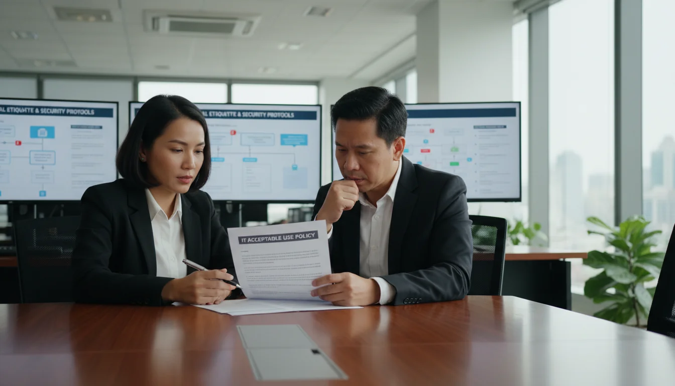 Corporate office workers reviewing IT policy.