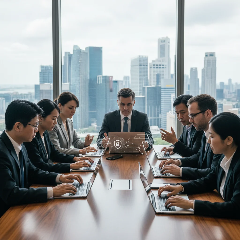 A photorealistic image of a diverse group of adult professionals in a modern Singapore office setting, collaboratively reviewing digital policies on laptops and tablets, symbolizing IT acceptable use and corporate compliance, with subtle Singapore skyline in the background through large windows, no children present.
