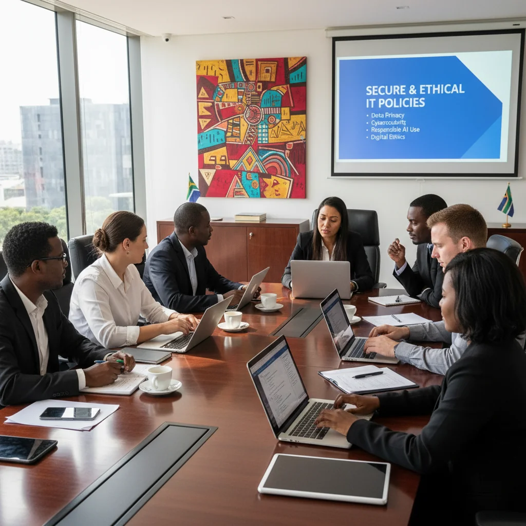 A photorealistic image of a diverse group of professional adults in a modern South African corporate office, engaging in a team meeting to discuss IT security and acceptable use policies. The scene captures collaboration, with people of various ethnic backgrounds around a conference table, laptops open, symbolizing responsible technology use in a business environment. No children are present.