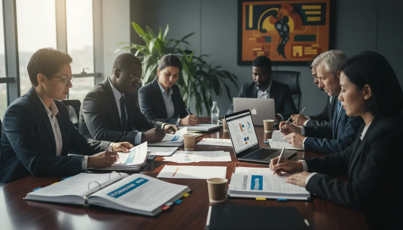 Corporate office workers reviewing IT policy documents