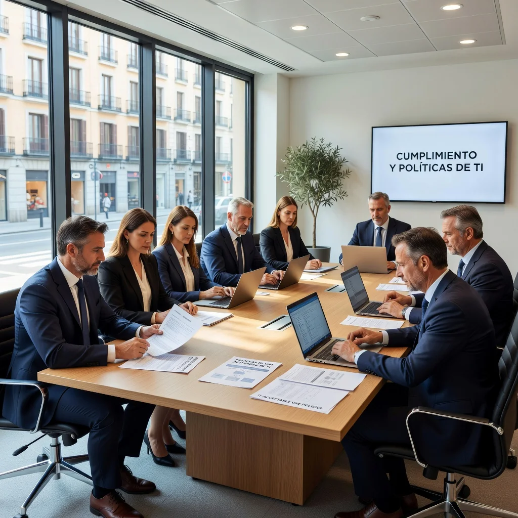 A professional corporate office environment in Spain, featuring a diverse group of adult business professionals in a modern conference room, engaged in a discussion about IT policies, with Spanish flags or subtle cultural elements in the background, conveying compliance and technology use in a corporate setting.