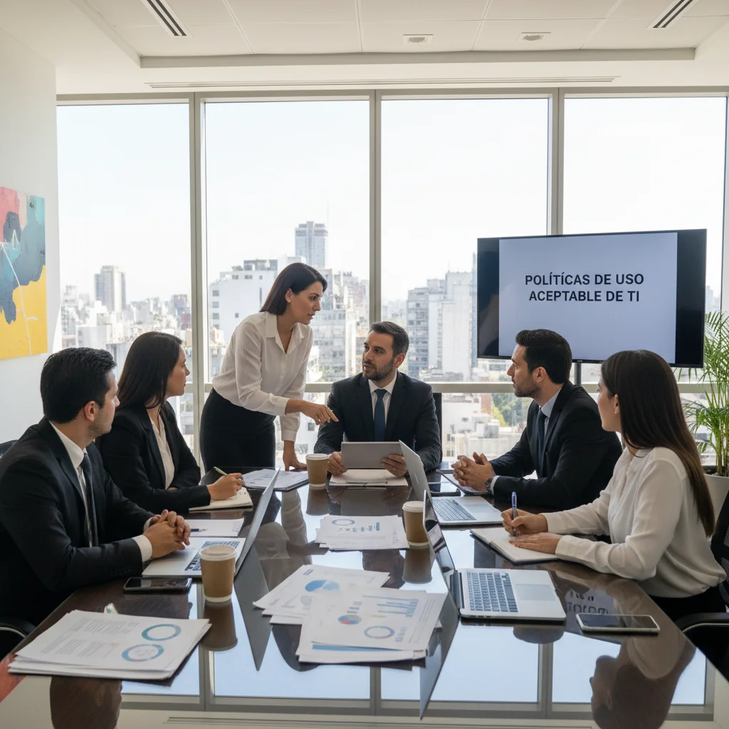 A photorealistic image of a diverse group of professionals in a modern corporate office in Argentina, discussing information technology policies around a conference table with laptops and documents, symbolizing acceptable use guidelines for IT in a business setting. The scene conveys professionalism, collaboration, and compliance, with subtle Argentine elements like a flag or cityscape view in the background. No children are present.