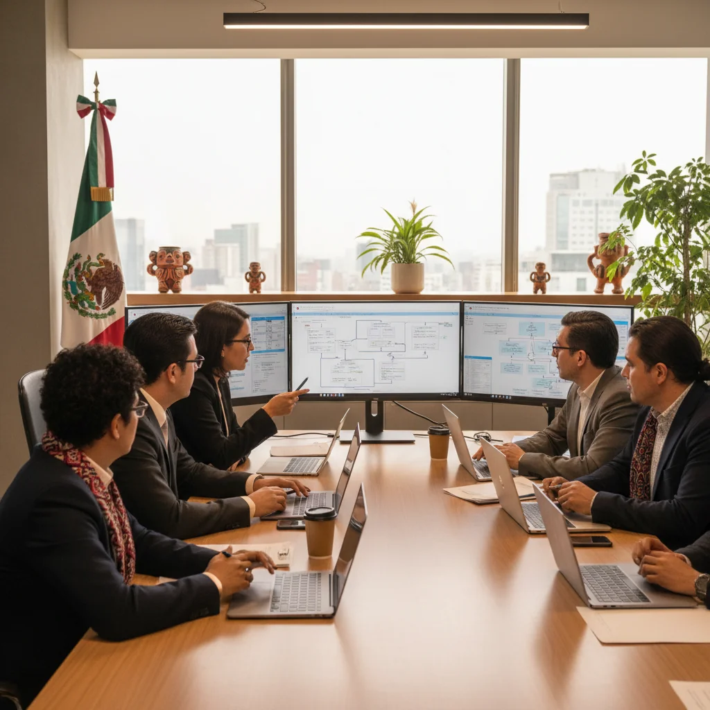 A photorealistic image of a diverse group of adult professionals in a modern corporate office in Mexico, engaged in a collaborative meeting discussing IT policies, with elements like computers and network diagrams in the background, symbolizing acceptable use of technology in a business setting.