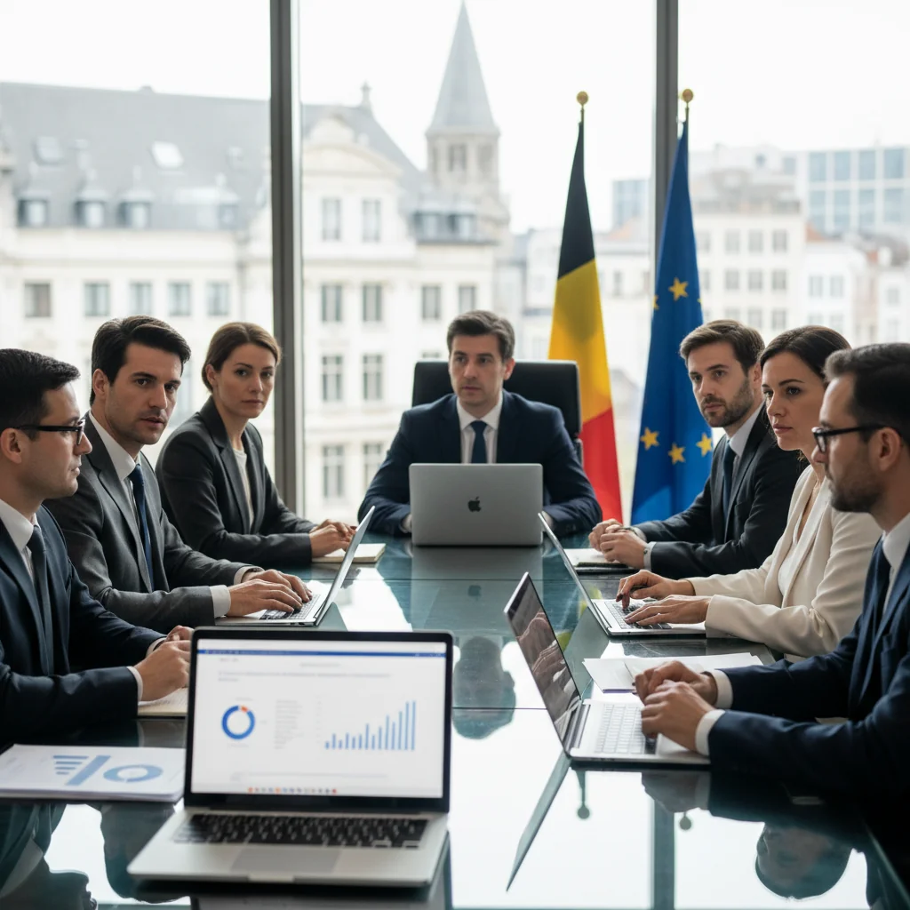 A photorealistic image of a diverse group of professional adults in a modern corporate office in Belgium, engaging in a collaborative meeting around a conference table, discussing information systems policies with laptops and digital screens visible, conveying themes of acceptable use, security, and compliance in a business environment. No children are present.