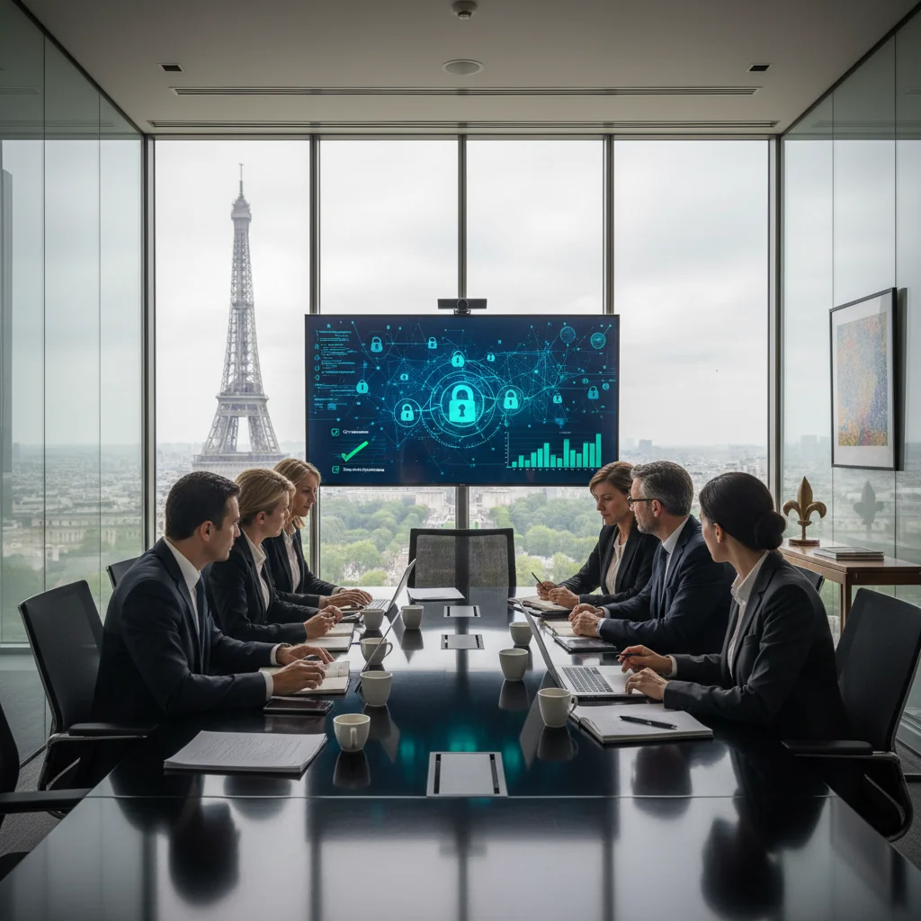 A photorealistic image of a professional business meeting in a modern French corporate office, with adults discussing information systems policies on a large screen, symbolizing the guidelines for using corporate IT systems in France. No children are present. The atmosphere is collaborative and professional, with elements like laptops, network cables, and secure data icons subtly in the background.