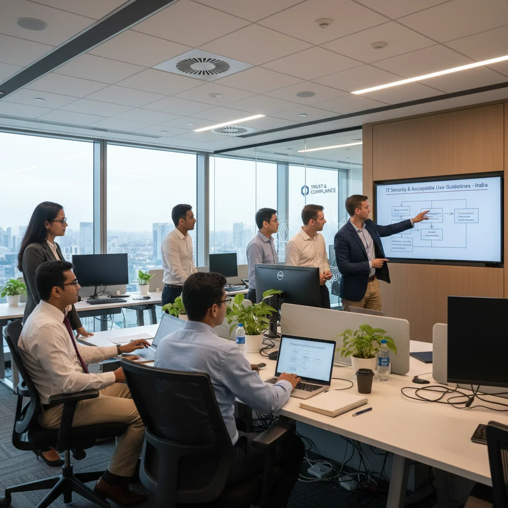 A photorealistic image of a diverse group of professional adults in a modern Indian corporate office setting, engaged in collaborative IT work on computers, symbolizing acceptable use policies for technology in a business environment.