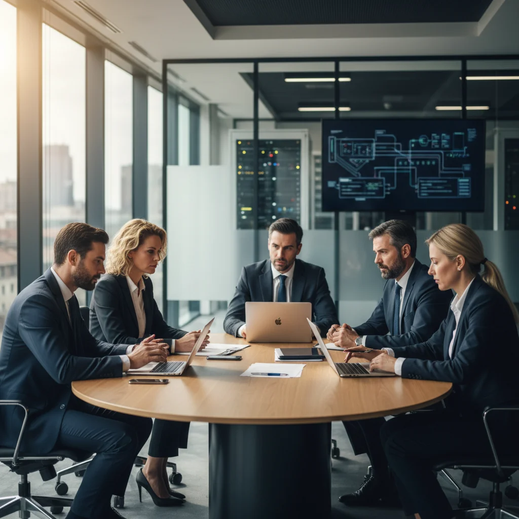 A photorealistic image of a professional business meeting in a modern Italian corporate office, with adults discussing IT resource usage policies around a conference table, evoking themes of acceptable use and compliance in a work environment.