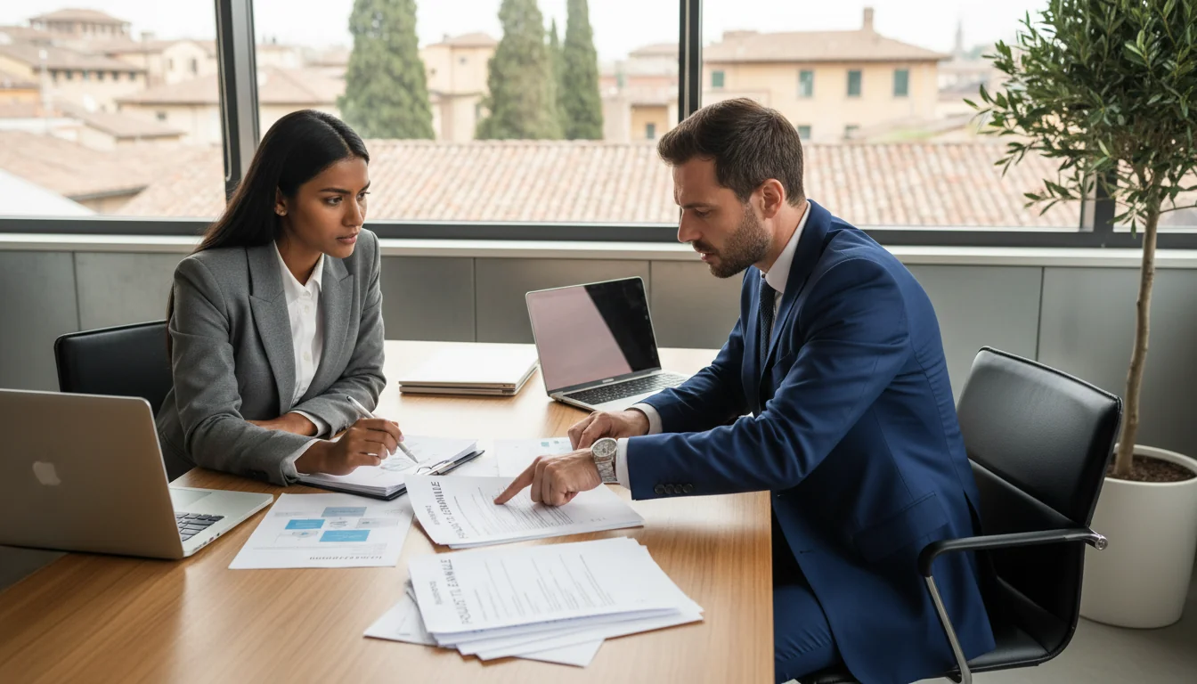 Italian office workers reviewing IT policy documents