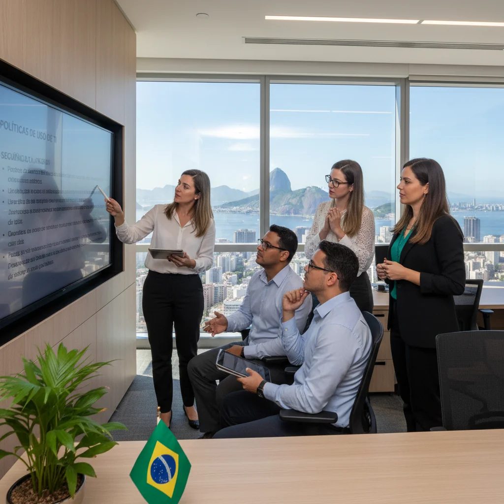 A photorealistic image of a diverse group of professional adults in a modern Brazilian corporate office, engaged in a discussion about IT policies, symbolizing acceptable use guidelines in a business setting, with Brazilian cultural elements like flags or urban skyline in the background, no children present.