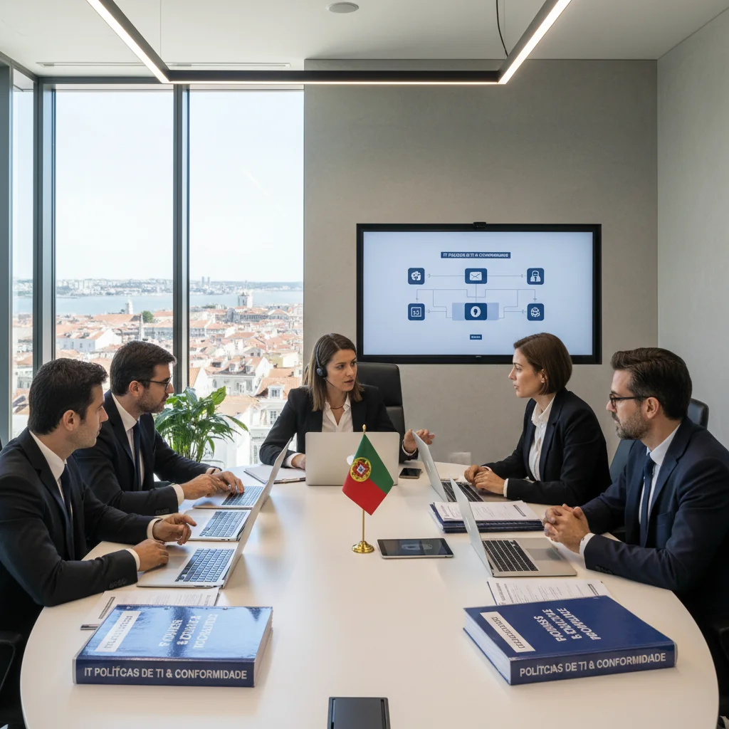 A photorealistic image of a professional business meeting in a modern corporate office in Portugal, with adults in business attire discussing IT policies around a conference table with laptops and documents, overlooking a window with a view of Lisbon skyline, symbolizing responsible IT usage in a corporate setting.