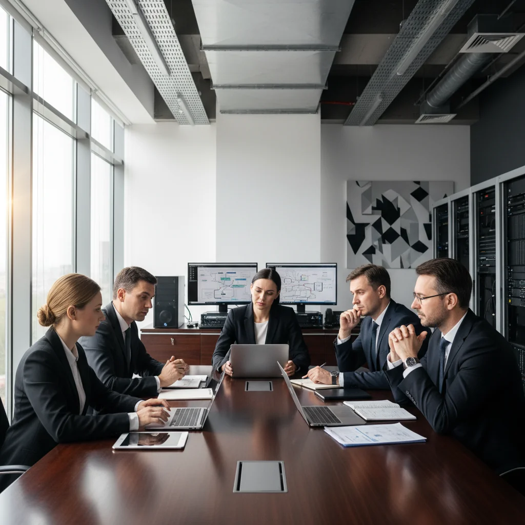 A photorealistic image of a professional business meeting in a modern corporate office in Russia, with adults discussing IT policies around a conference table, evoking themes of acceptable use of IT resources and compliance in a corporate setting. No children or documents are visible.