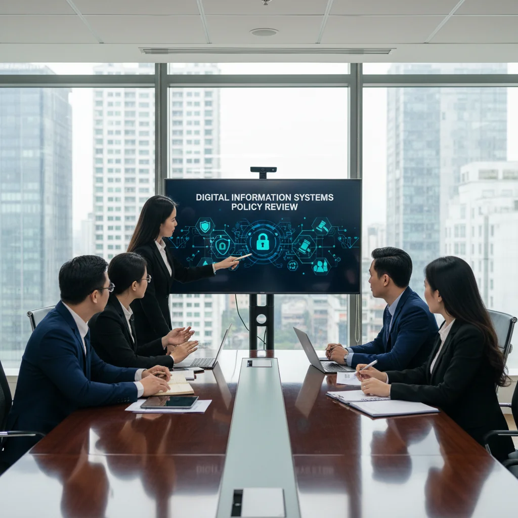A photorealistic image of a professional Vietnamese business meeting in a modern corporate office, where executives are reviewing information systems policies on a large screen, symbolizing acceptable use of corporate information systems in Vietnam. The atmosphere is collaborative and focused, with diverse adult professionals engaged in discussion.