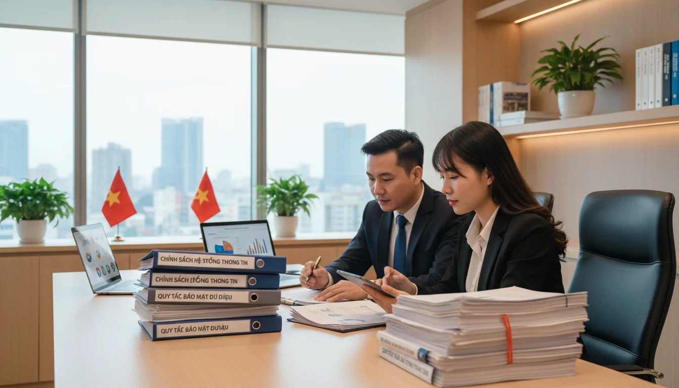Vietnamese office workers reviewing corporate documents