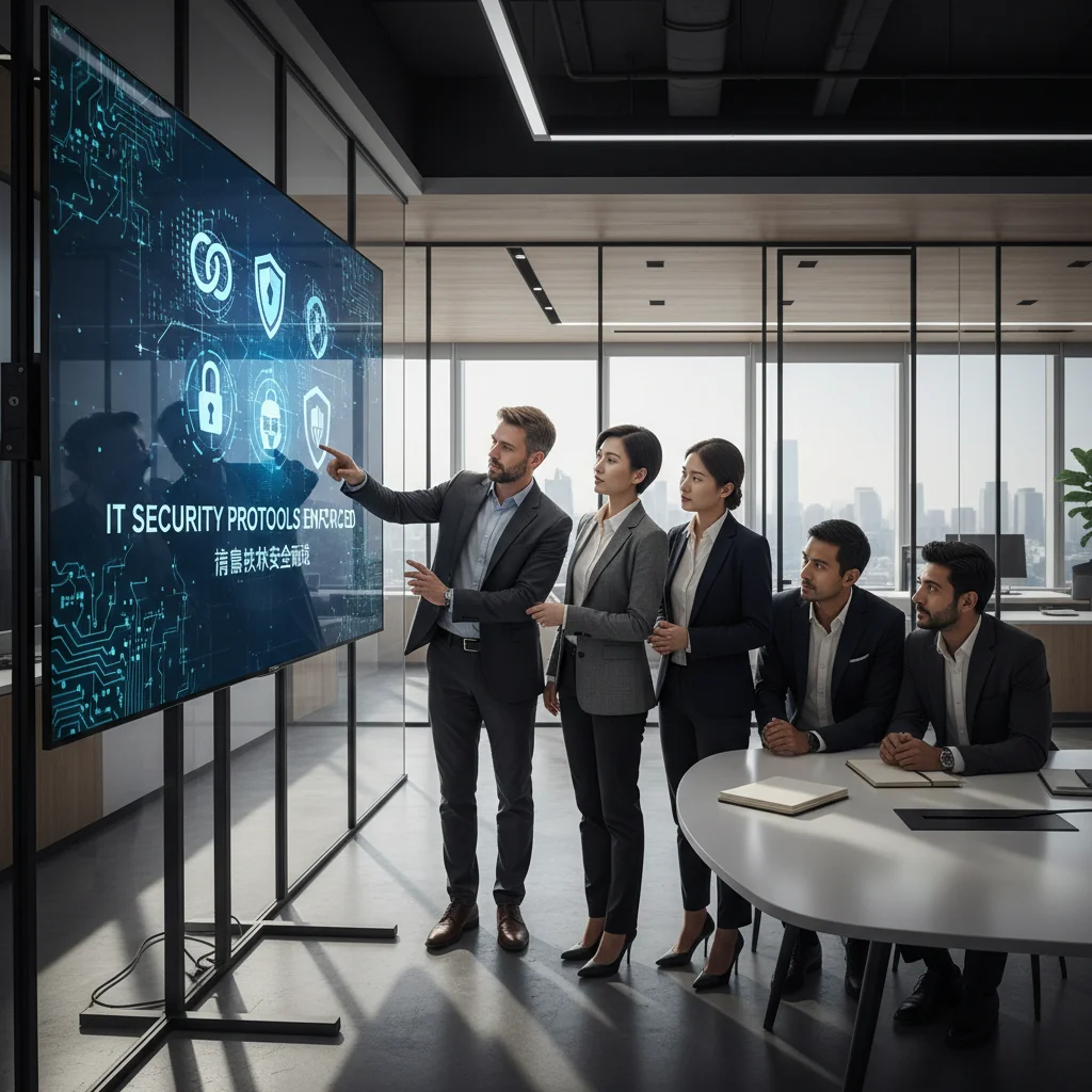 A photorealistic image of a diverse group of professional adults in a modern Chinese corporate office, discussing IT policies around a conference table with laptops and documents, symbolizing the implementation of acceptable use policies for information technology in a business setting. The atmosphere is collaborative and professional, with elements like computer screens showing secure data icons, but no actual documents are the focus. No children are present.