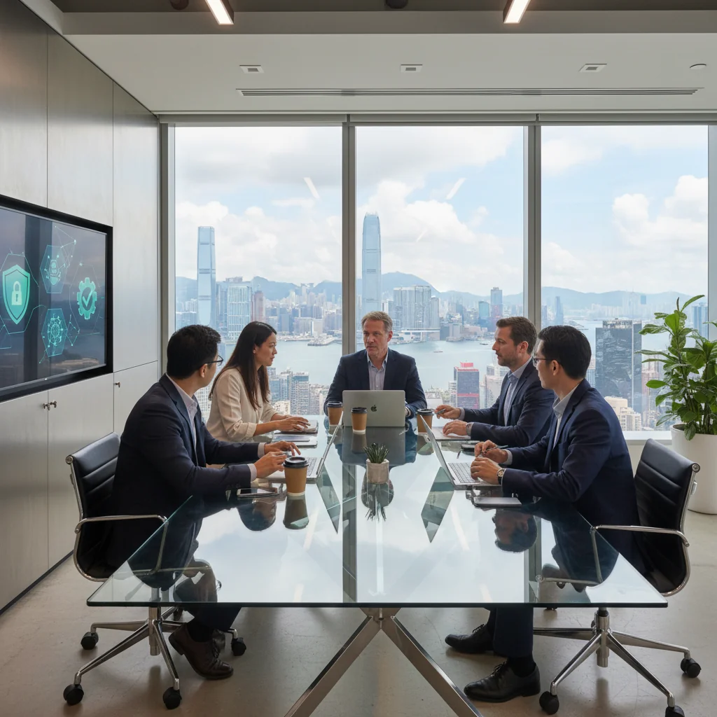 A photorealistic image of a diverse group of adult professionals in a modern Hong Kong office, discussing information technology policies around a conference table with laptops and digital screens displaying cybersecurity icons in the background, symbolizing acceptable use policies for IT in corporate settings.