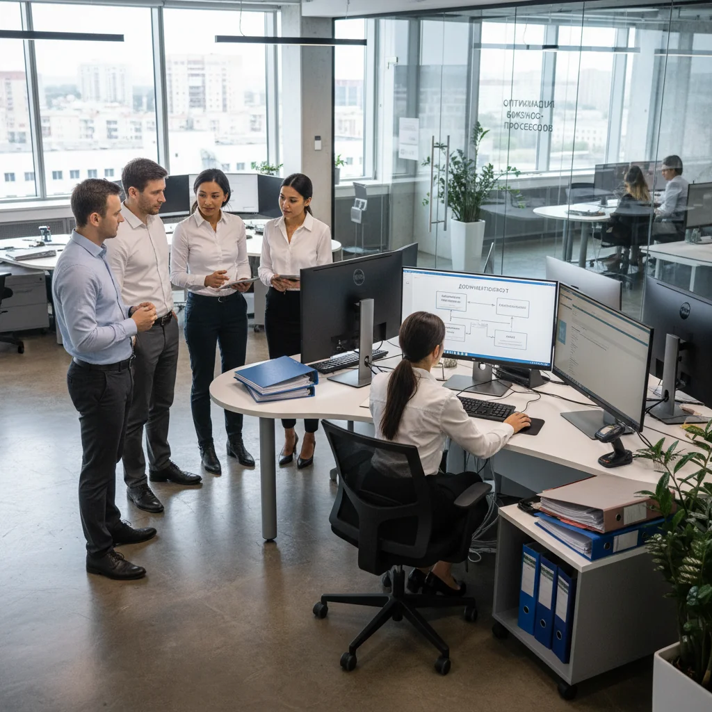 A photorealistic image of a professional business team in a modern Russian office, collaboratively reviewing digital documents on laptops and tablets, symbolizing efficient document management practices for companies, with no children present.