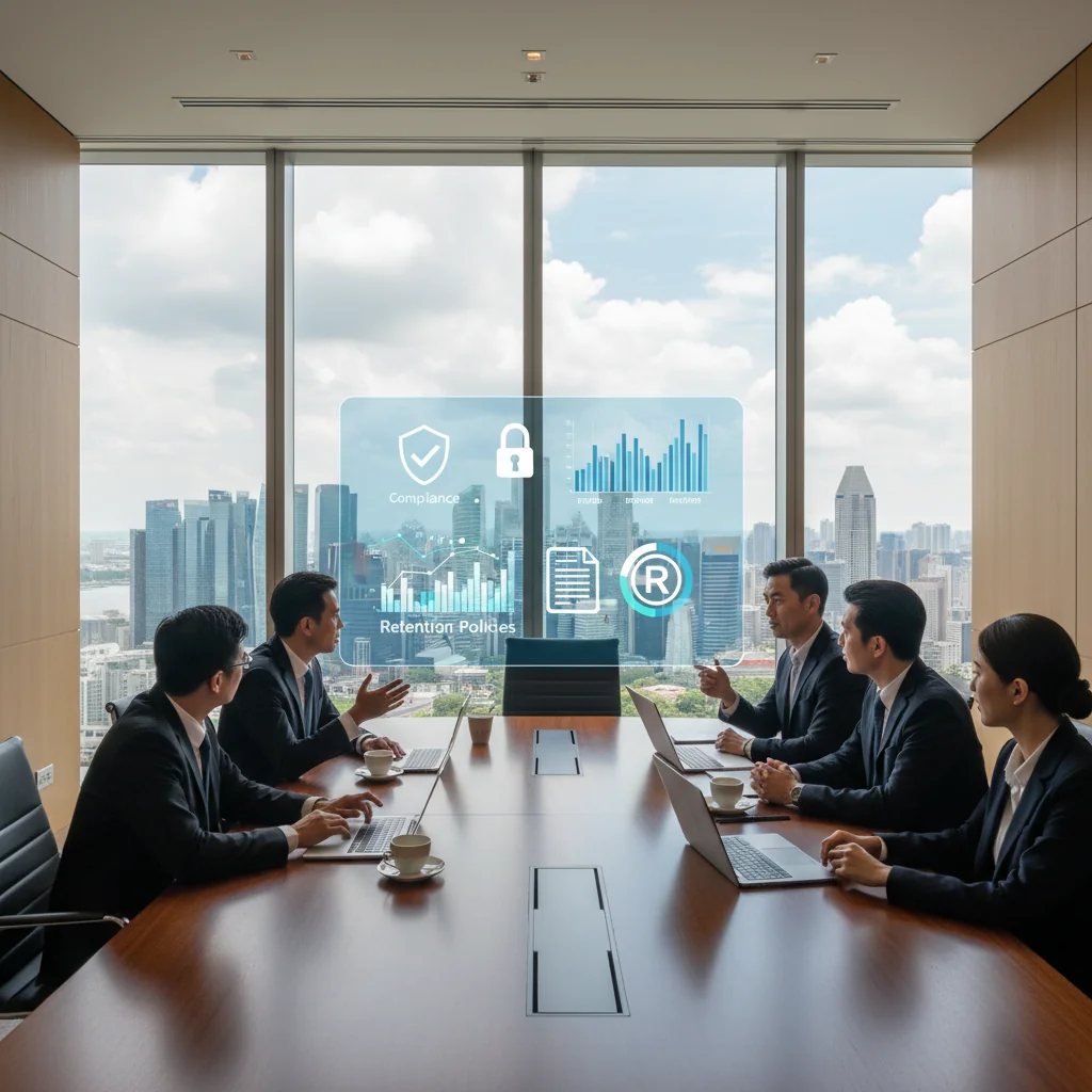 A photorealistic image of a professional business meeting in a modern Singapore office, with diverse adults discussing data compliance charts on a digital screen, symbolizing navigation of data retention laws, no children present.