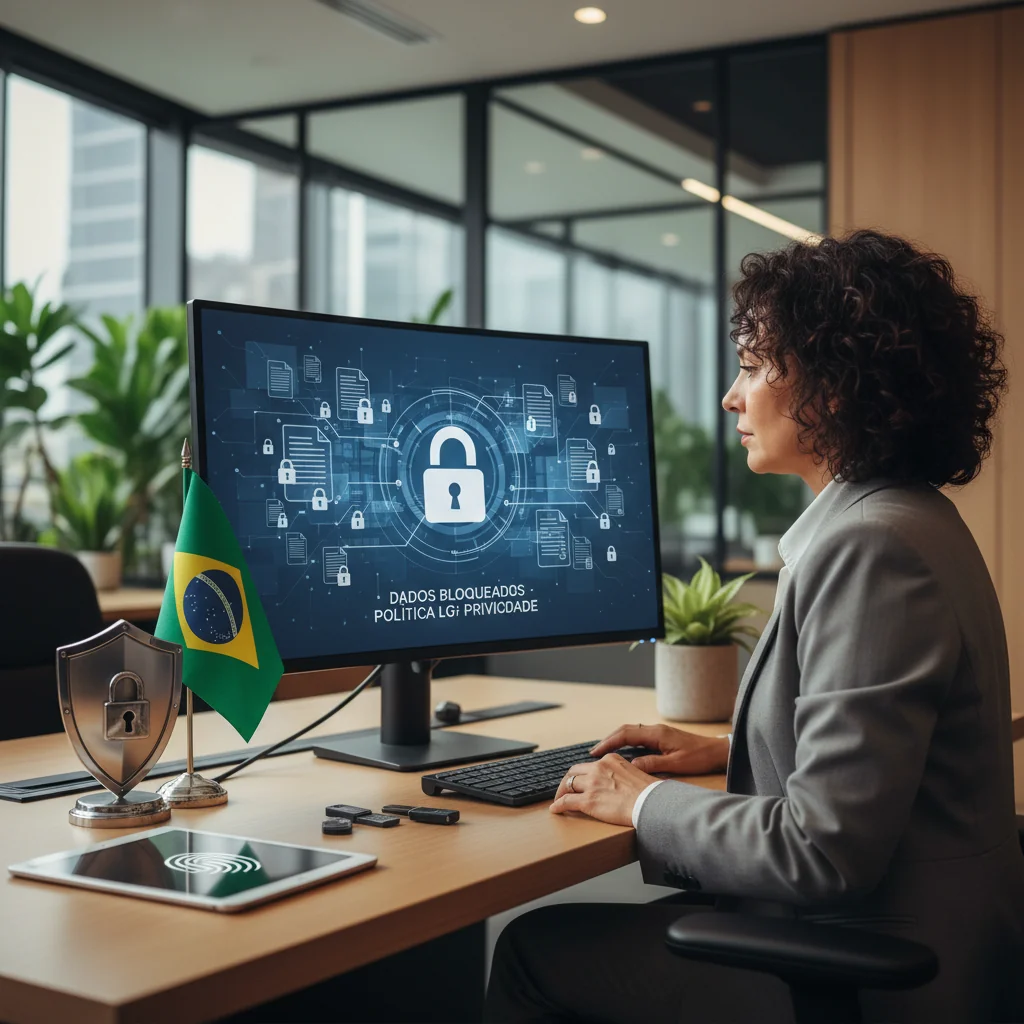 A photorealistic image symbolizing data retention policy in Brazil, featuring a professional adult in a modern office setting reviewing secure digital files on a computer, with subtle Brazilian flag elements in the background, emphasizing privacy and data protection without showing any children.