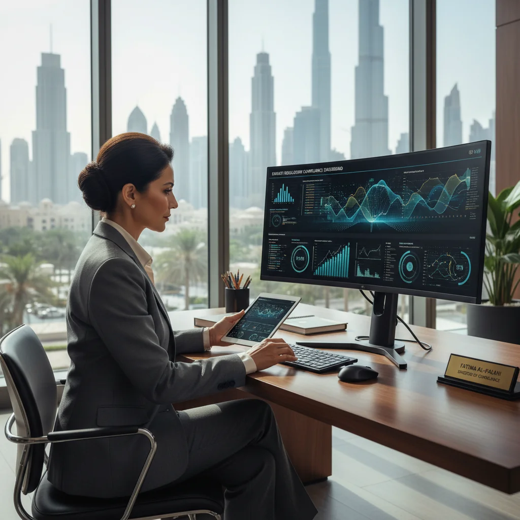A photorealistic image of a professional businesswoman in a modern office environment in the UAE, reviewing compliance documents on a computer while ensuring legal adherence, symbolizing proper record management under Emirati laws. The scene conveys organization, professionalism, and regulatory compliance without focusing on physical documents.