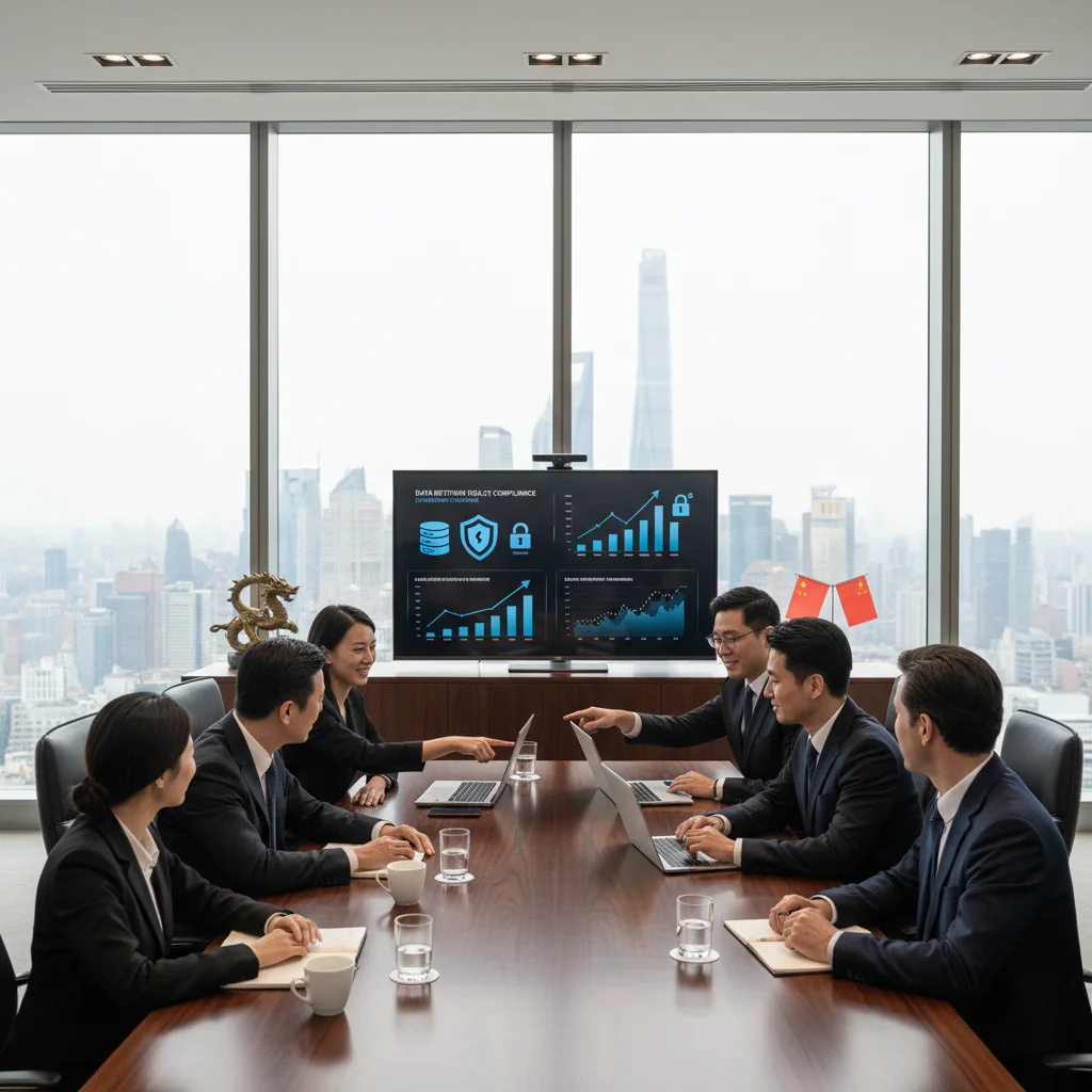A photorealistic image of a professional business meeting in a modern Chinese corporate office, where diverse adult executives are discussing data compliance strategies around a conference table with laptops and charts on data security, symbolizing enterprise adherence to China's data retention policies. No children are present. The scene is realistic, high-resolution photography style, not graphics or drawings.