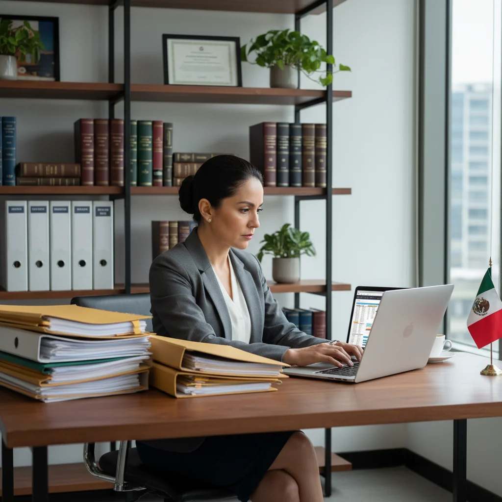A photorealistic image of a professional businesswoman in a modern Mexican office, reviewing compliance documents on a computer while surrounded by organized files and a Mexican flag in the background, symbolizing legal obligations in business record management.