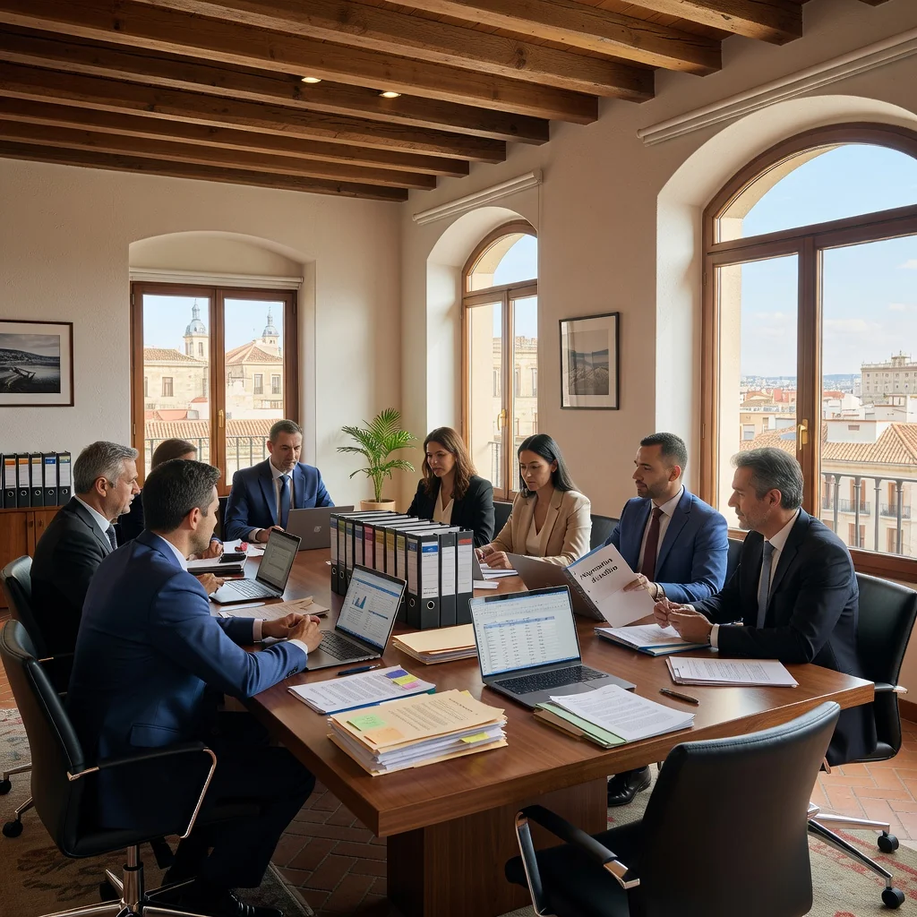 A photorealistic image of a professional Spanish office setting, featuring a diverse group of adult business professionals in a modern conference room in Madrid, Spain, discussing and organizing important documents on a large wooden table. The atmosphere is collaborative and organized, with Spanish flags and landmarks subtly in the background, symbolizing compliance and retention policies. No children are present in the image.