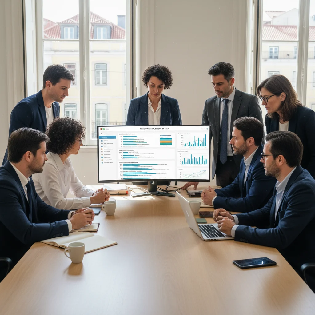 A photorealistic image of a professional Portuguese business team in a modern office in Lisbon, collaboratively reviewing digital records on a large computer screen, symbolizing efficient record management practices for companies, with subtle Portuguese elements like azulejo tiles in the background, no children present.