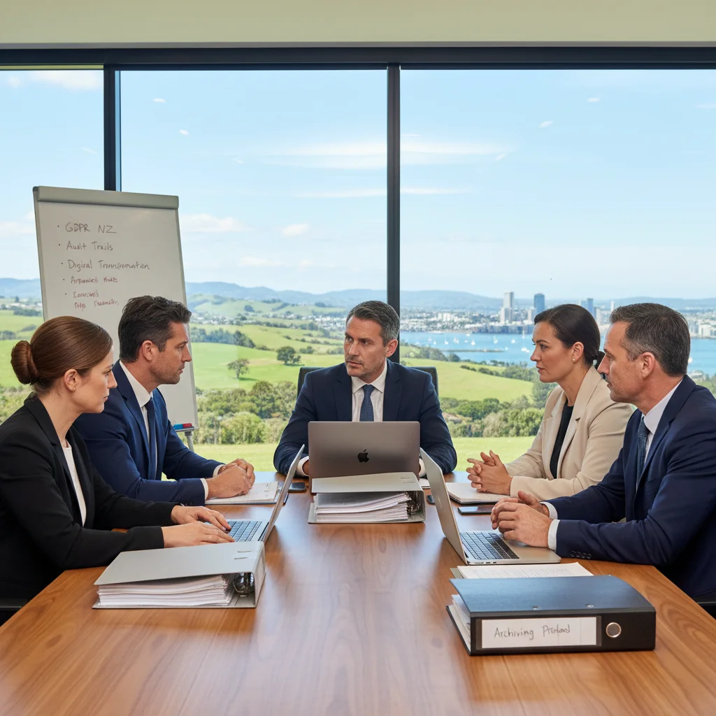 A photorealistic image of a professional business meeting in a modern New Zealand office, featuring diverse adults reviewing compliance documents on a table with a scenic view of New Zealand landscapes in the background, symbolizing adherence to records policies and best practices.