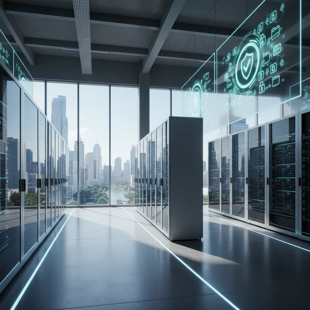 A photorealistic image of a modern, secure digital archive room with rows of glowing server racks and holographic displays showing organized file structures, symbolizing the efficient and legal preservation of important documents like legal files, in a professional office environment with no people or children present.