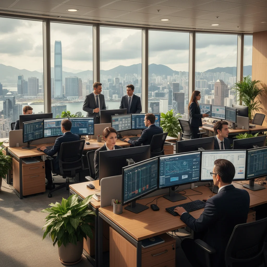 A professional corporate office scene in Hong Kong, showing a diverse team of adults in business attire collaboratively reviewing and organizing digital records on secure computer systems, with modern skyscrapers visible through large windows in the background, symbolizing effective compliance management with local regulations.