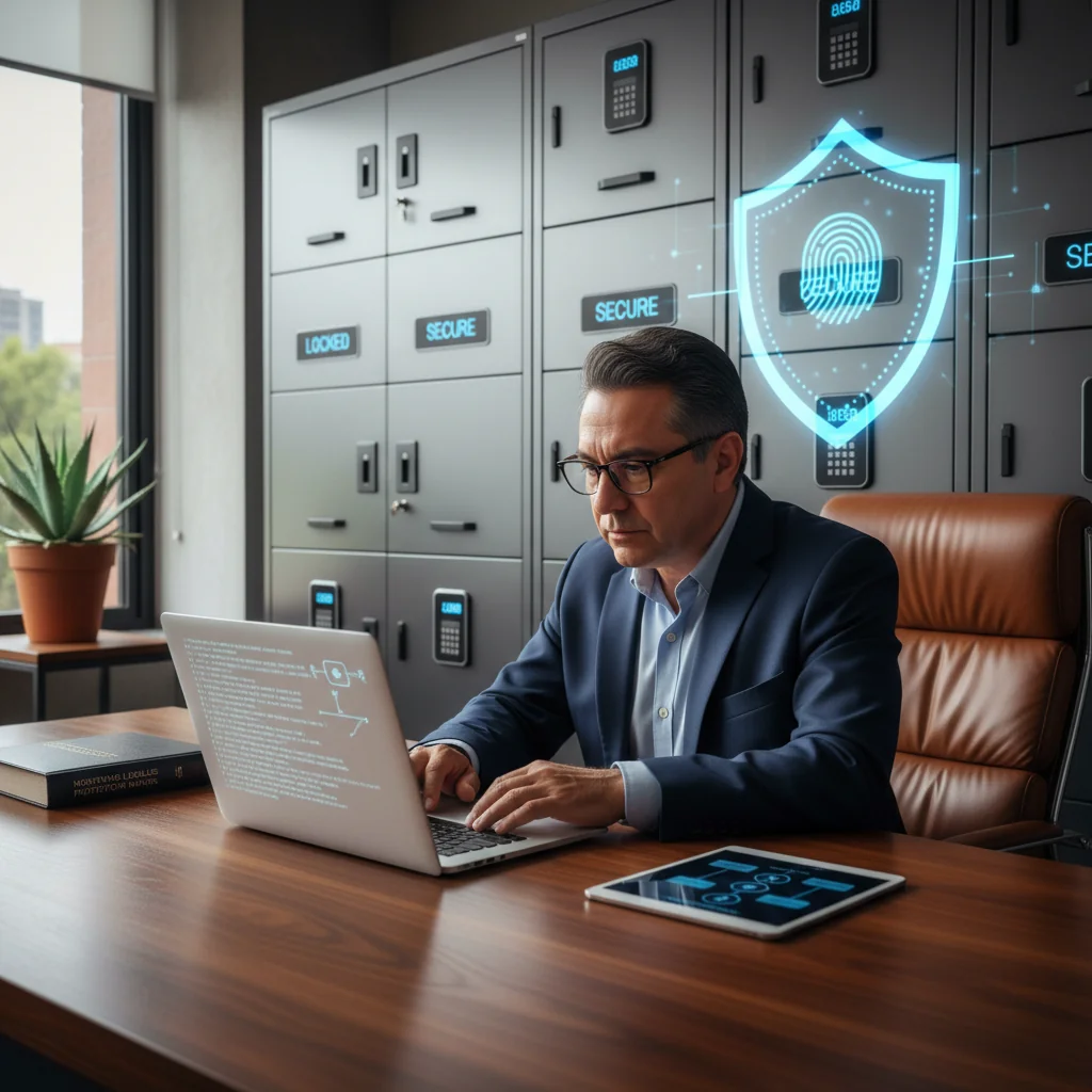 A photorealistic hero image representing data retention policies in Mexico, featuring a professional adult individual in a modern office environment in Mexico City, reviewing secure digital files on a computer, with subtle Mexican cultural elements like a flag in the background, emphasizing privacy and compliance without showing any documents.