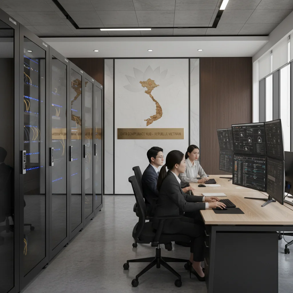 A photorealistic image of a professional Vietnamese office environment where adults are securely managing digital data storage, with secure servers, cloud icons subtly in the background, and a sense of compliance and protection, evoking data privacy policies in Vietnam. No children are present.