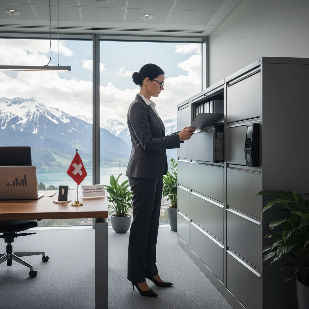 A photorealistic image depicting a professional business scene in Switzerland, symbolizing legal compliance and document retention policies. Show a middle-aged executive in a modern Swiss office overlooking the Alps, carefully organizing files in a secure cabinet, with subtle Swiss flag elements in the background to represent regulatory adherence. No children present. The image should evoke trust, organization, and legal professionalism.