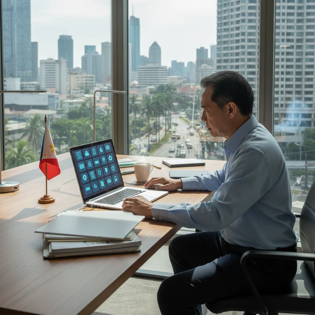 A photorealistic image depicting a professional in a modern office setting in the Philippines, reviewing data privacy documents on a computer, symbolizing compliance with data retention laws. The scene includes elements like a Philippine flag subtly in the background, emphasizing legal and secure data handling, with no children present.