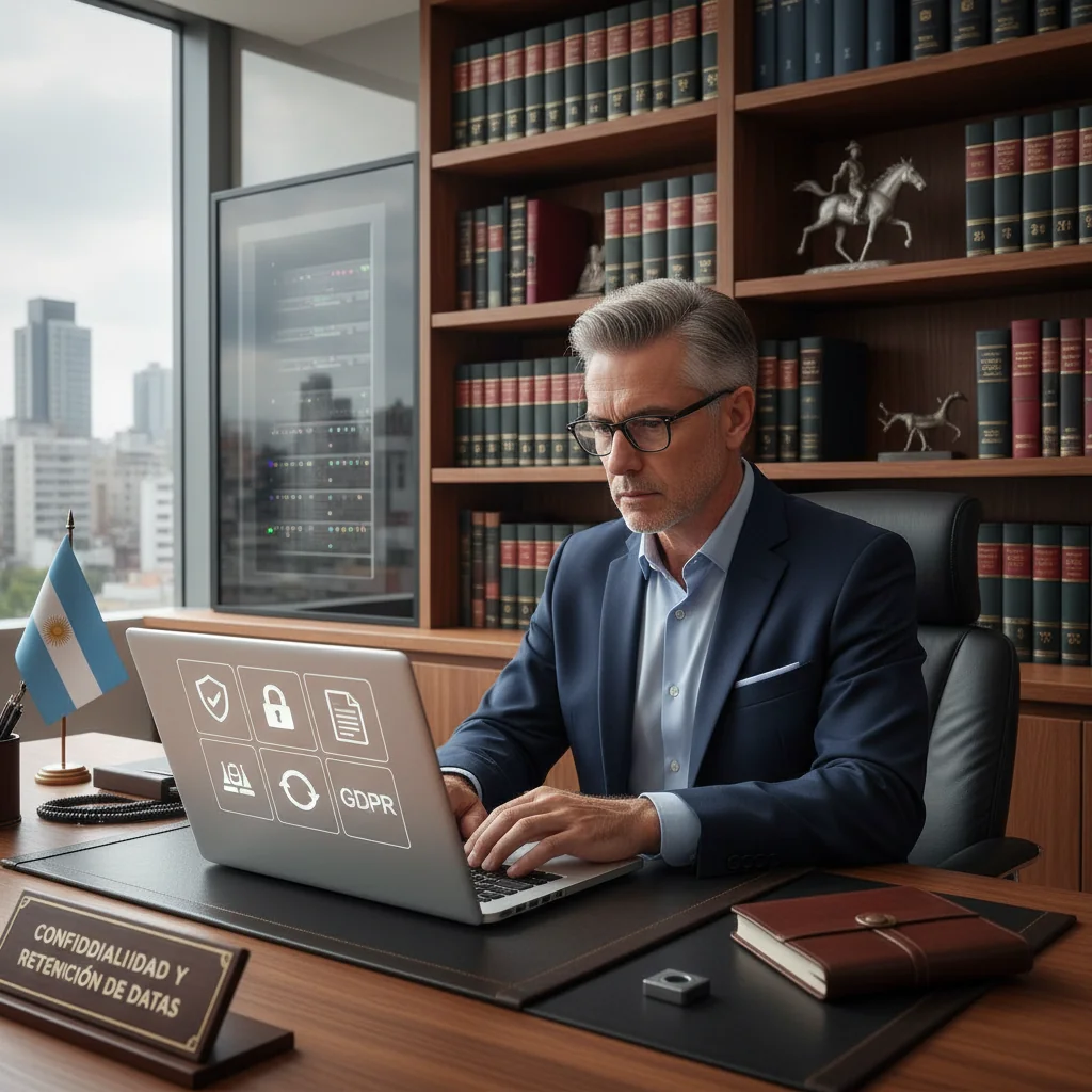 A photorealistic image of a professional lawyer in a modern Argentine law office, reviewing legal documents on a computer while surrounded by bookshelves filled with law books and Argentine flags, symbolizing compliance with data retention regulations in the legal field.