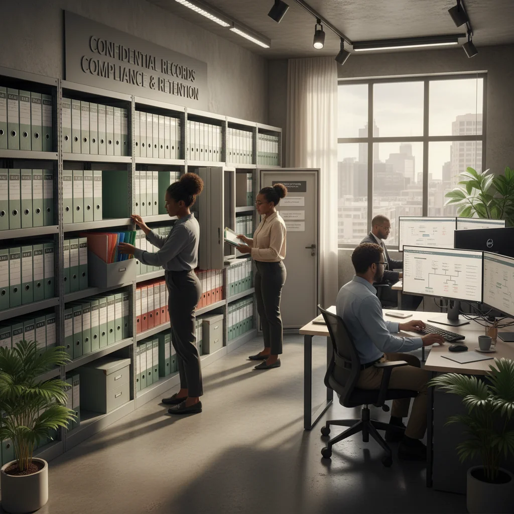 A photorealistic image of a diverse group of professional adults in a modern South African office setting, engaged in organizing and reviewing business documents on shelves and digital screens, symbolizing efficient records management and retention policies, with elements like filing cabinets and computers, no children present.