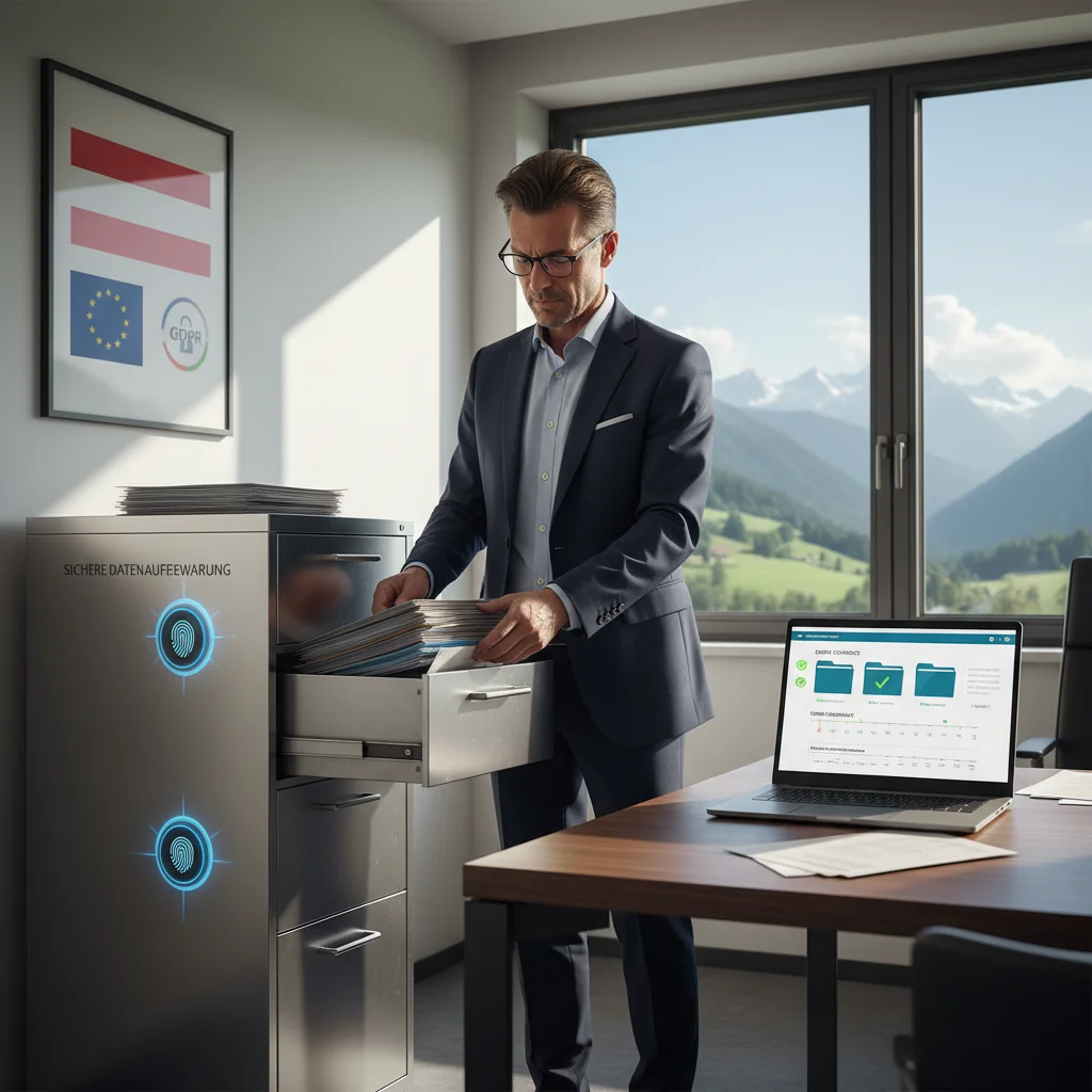 A professional office setting in Austria, featuring a secure filing cabinet with digital locks symbolizing data protection and compliance, a laptop displaying encrypted files, and a business professional reviewing legal documents, evoking themes of data retention policies and legal requirements, photorealistic style, no children present.