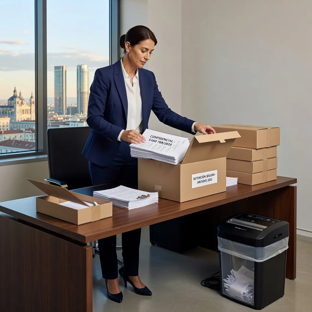 A photorealistic image symbolizing legal compliance in document management in Spain, featuring a professional archivist or lawyer in a modern office carefully organizing files into secure storage boxes, with subtle Spanish flags or EU symbols in the background, evoking retention and responsible destruction of records, no children present.