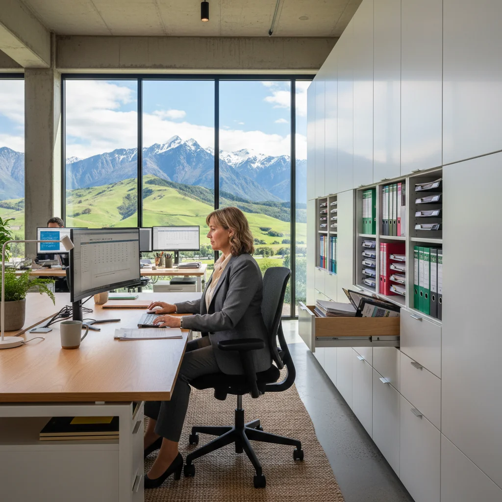 A photorealistic image of a professional archivist or records manager in a modern New Zealand office setting, carefully organizing digital and physical documents in an efficient filing system, symbolizing effective records management policies. The scene includes scenic elements like a window view of New Zealand's natural landscape, such as rolling green hills, to represent the country's context. No children are present in the image.