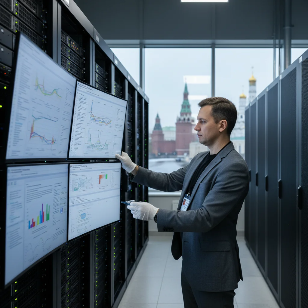 A photorealistic image of a professional in a modern office setting, carefully organizing digital files on a secure server rack, symbolizing data storage and management compliance in Russia. The scene includes elements like locked cabinets, computer screens displaying data icons, and subtle Russian flags or architecture in the background to evoke the context of Russian legislative requirements, without focusing on any documents. No children are present.