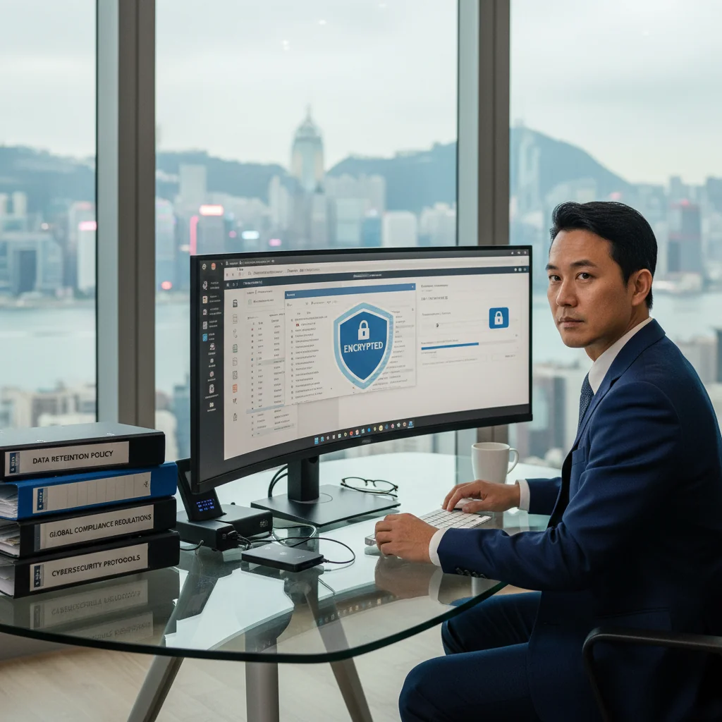 A photorealistic image of a professional in a modern office setting, carefully organizing and securing digital files on a computer, symbolizing data retention policies in Hong Kong, with elements like locked folders and compliance icons subtly in the background, conveying trust and professionalism.