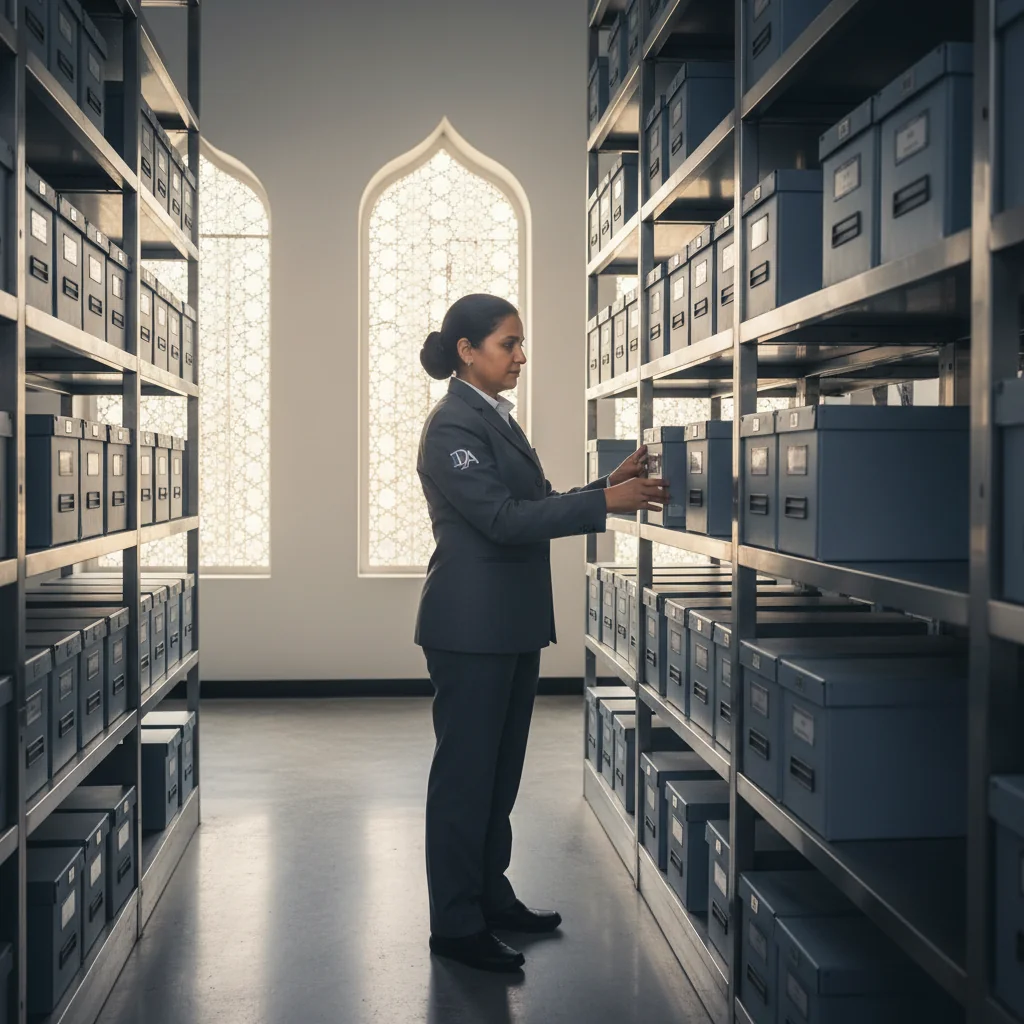 A photorealistic image of a professional archivist in a modern data management center in India, carefully organizing digital storage drives and filing cabinets with confidential documents, symbolizing legal data retention and record management practices, with Indian cultural elements like traditional motifs on the walls in the background, ensuring a secure and compliant environment.