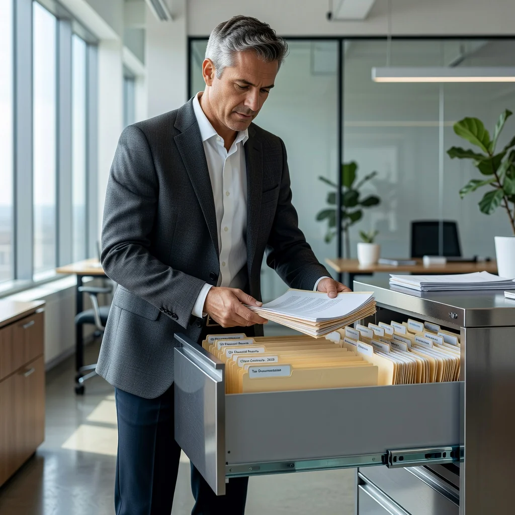 A photorealistic image of a professional office setting where an adult business person is organizing files in a modern filing cabinet, symbolizing efficient records management and retention practices. The scene conveys organization, compliance, and professionalism without focusing on actual documents.