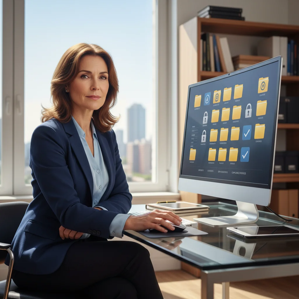 A photorealistic image representing rights and obligations in managing digital records, showing a professional in a modern office setting reviewing secure digital files on a computer, symbolizing data protection and compliance, with no children present.