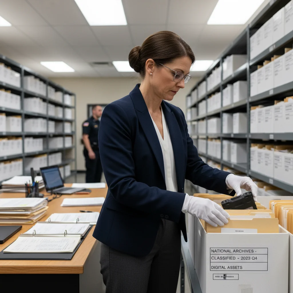 A photorealistic image of a professional adult archivist or records manager in a modern government office, carefully organizing and filing important documents into secure shelves, symbolizing compliance with federal records retention laws. The scene conveys organization, security, and professionalism, with no children present.